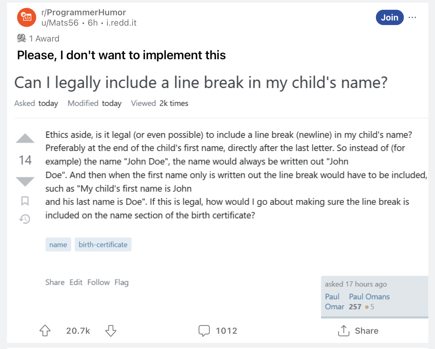 Newline in name reddit post